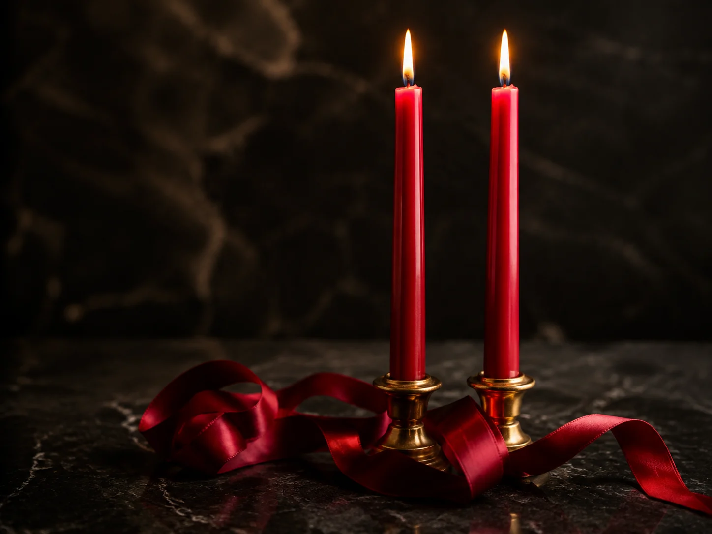 Two candles joined by a red ribbon