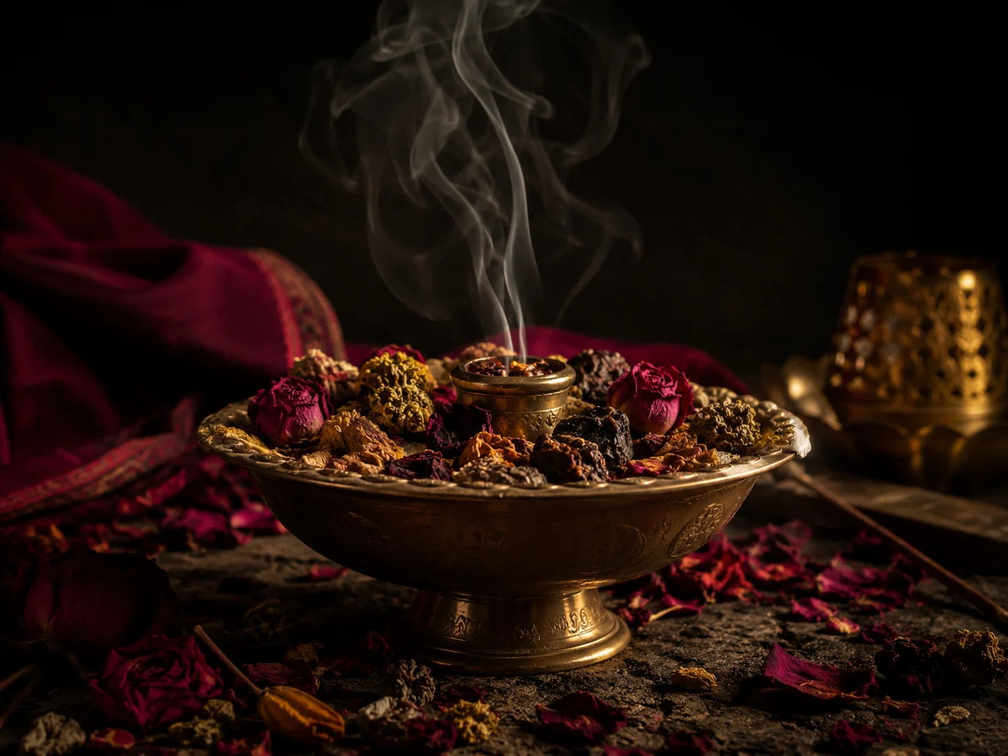 Botanicals and incense in a brass bowl