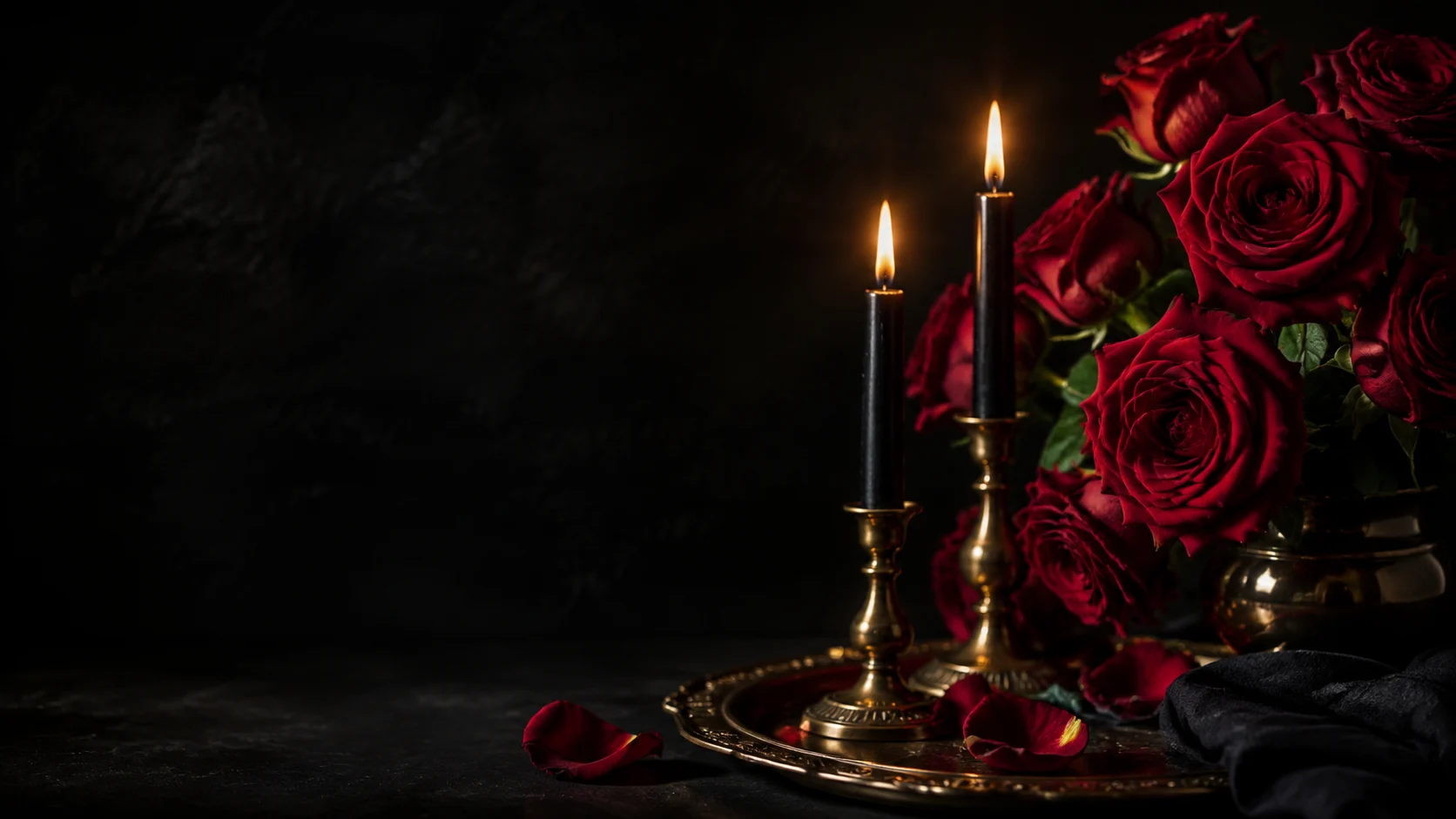 Red roses and candlelight on a dark ceremonial table, symbolic artwork