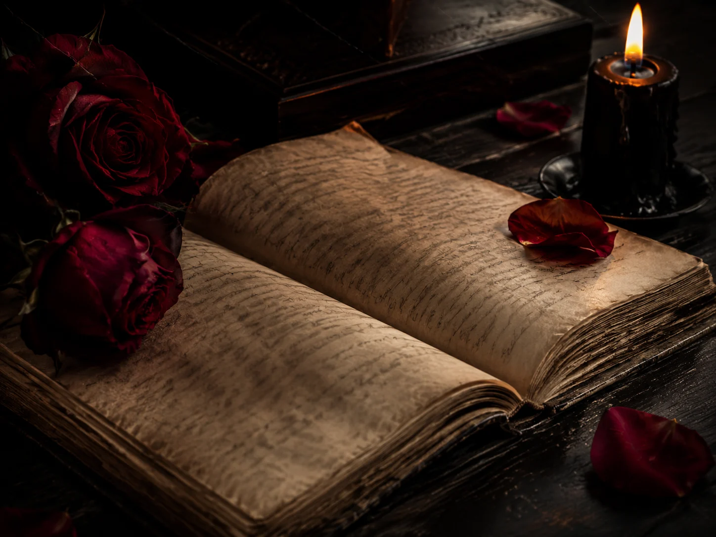 A reflective journal with rose petals and candlelight, symbolic artwork