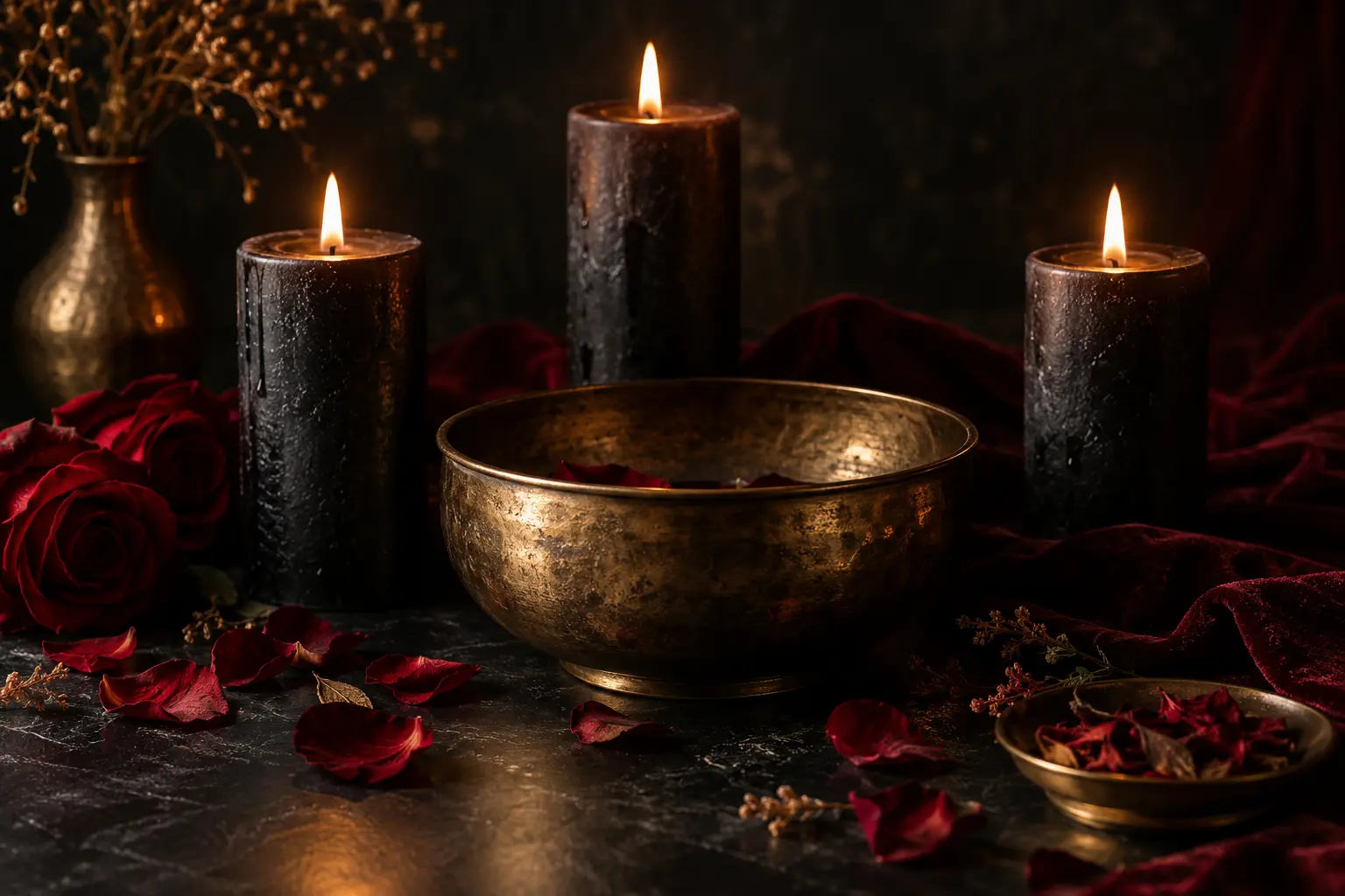 Symbolic altar arrangement with candles and reflective objects