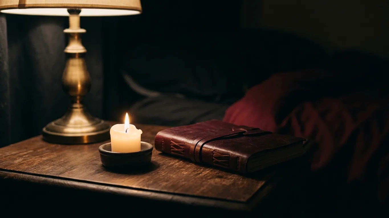 Journal and white candle in morning light