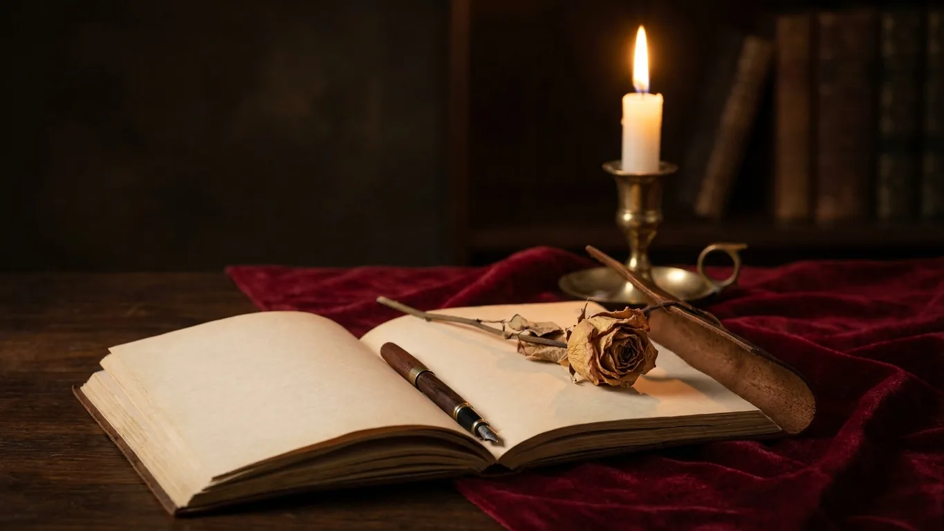Open journal with a pen and dried flower