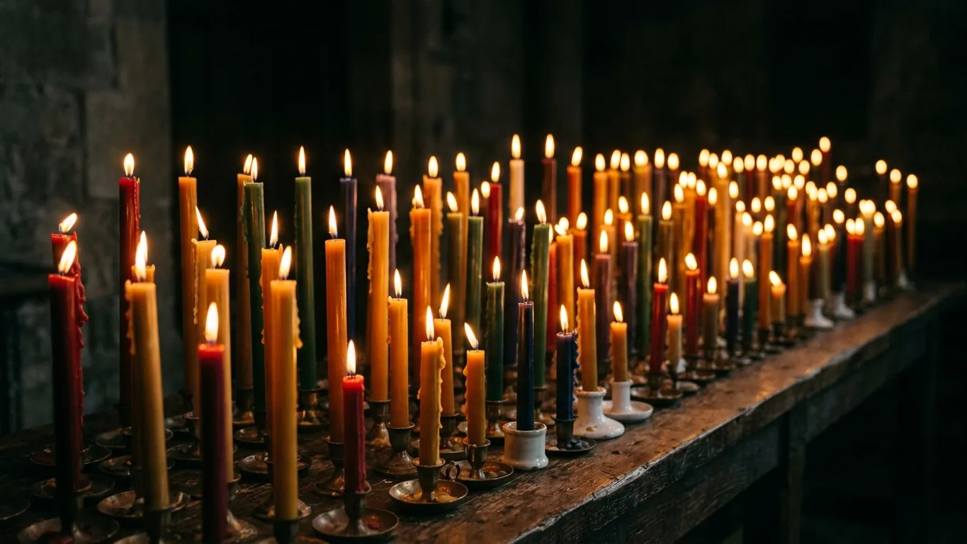 Rows of colored candles burning