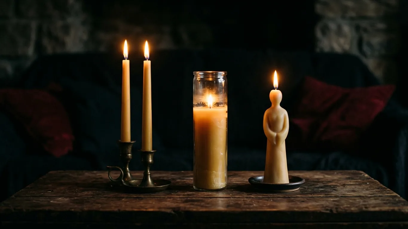 Tapers, a glass candle and a figure candle