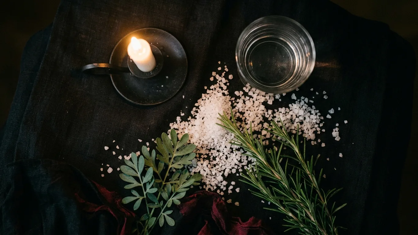 Bowl of salt water and herbs with a white candle