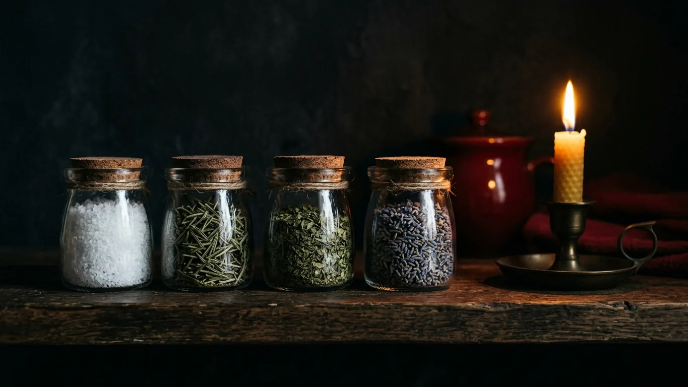 Jars of salt, rosemary, basil and lavender