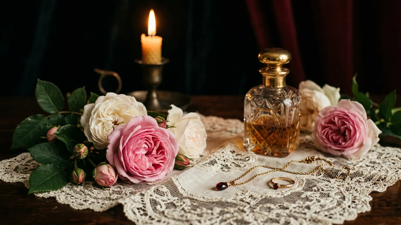 Roses, perfume and gold jewelry on lace