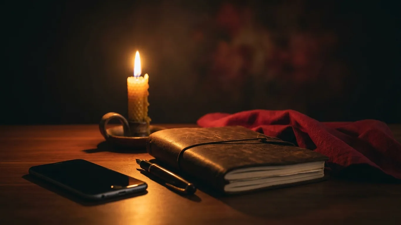 Notebook, pen and phone beside a candle