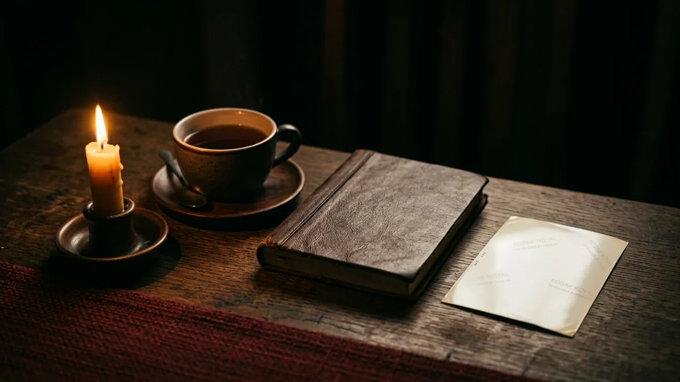 Tea, notebook and a face-down photo