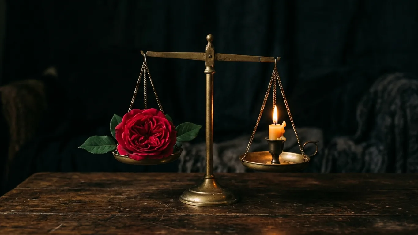 Balance scale with a rose and a candle