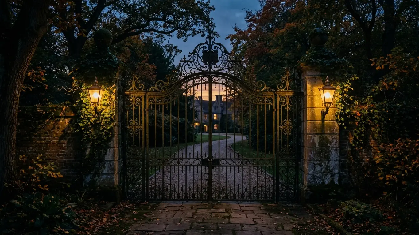 Closed iron gate at dusk