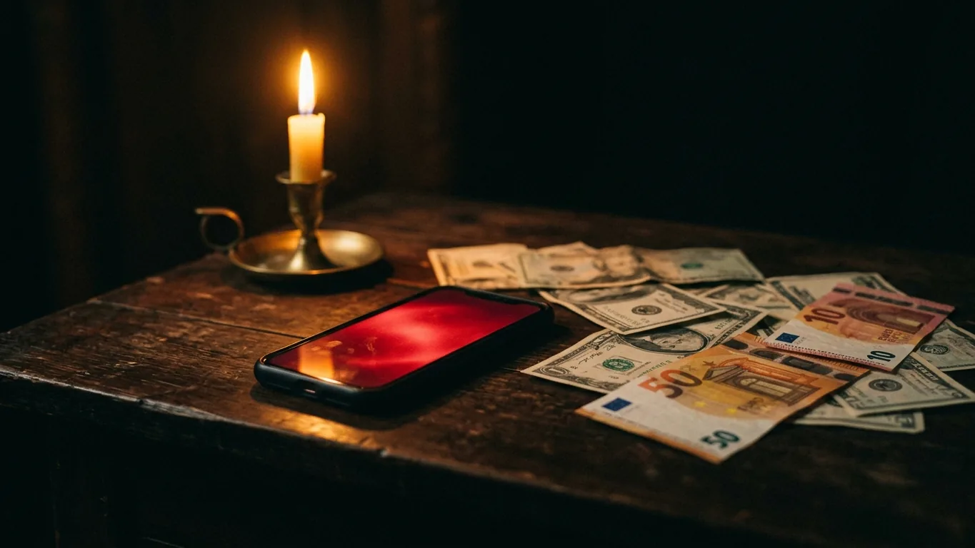 Phone glowing red beside banknotes