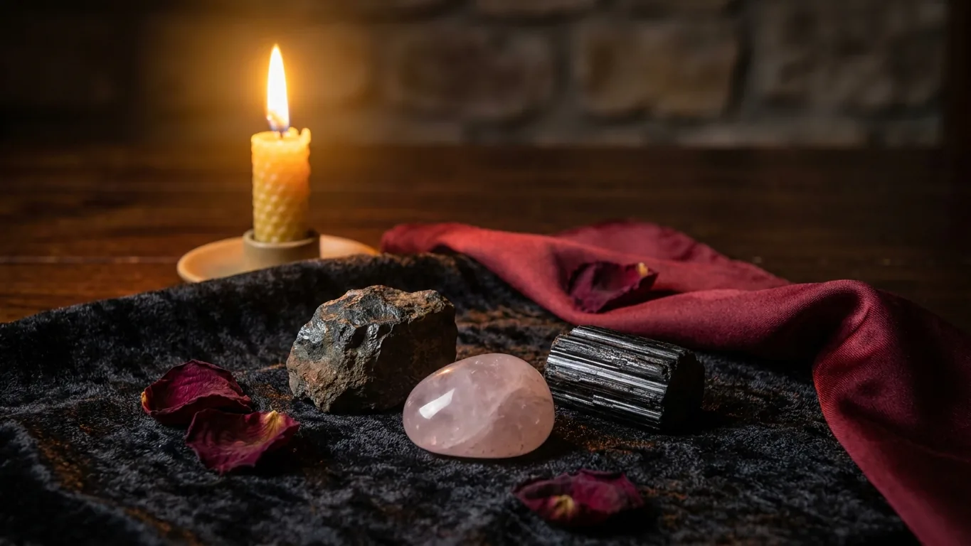 Lodestone, rose quartz and black tourmaline