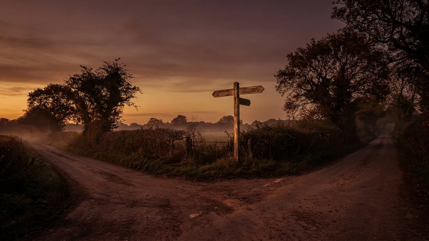 Rural crossroads at dusk