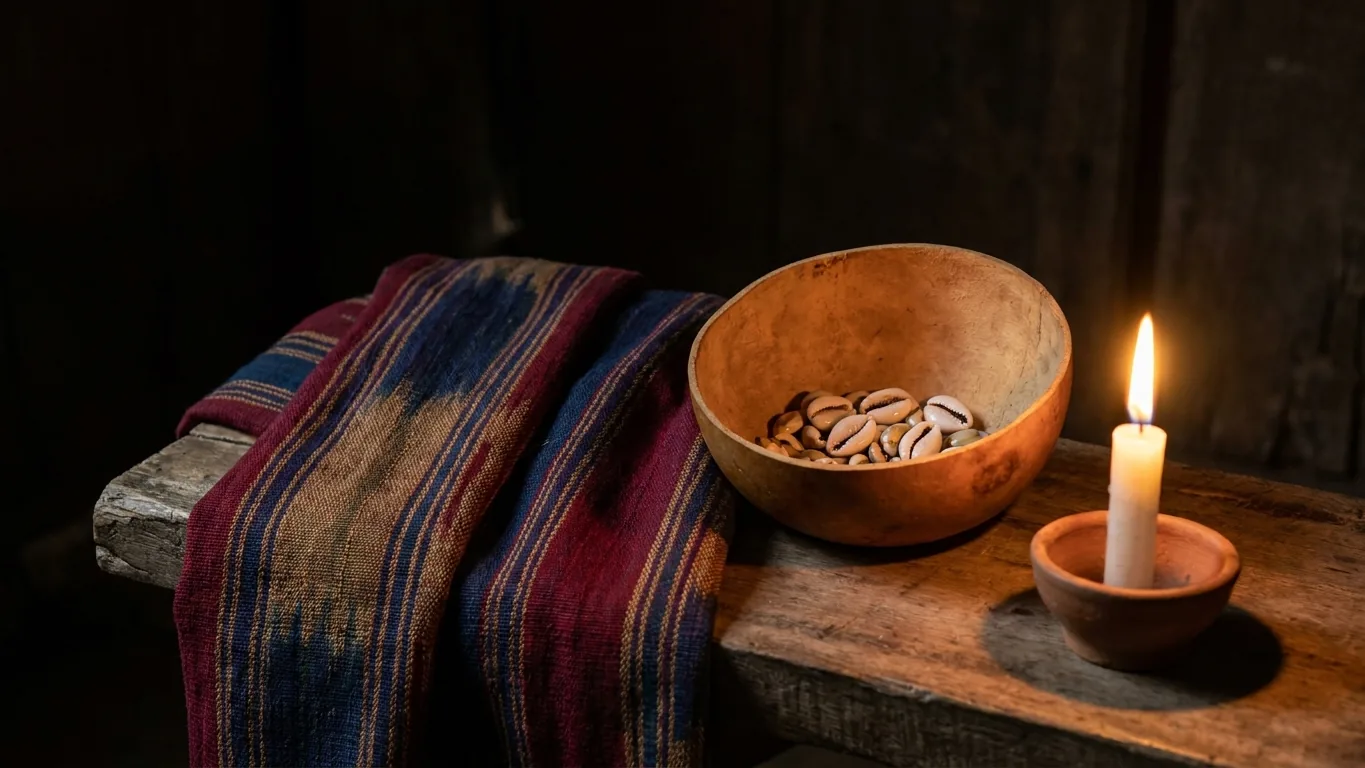 West African cloth, calabash and cowries