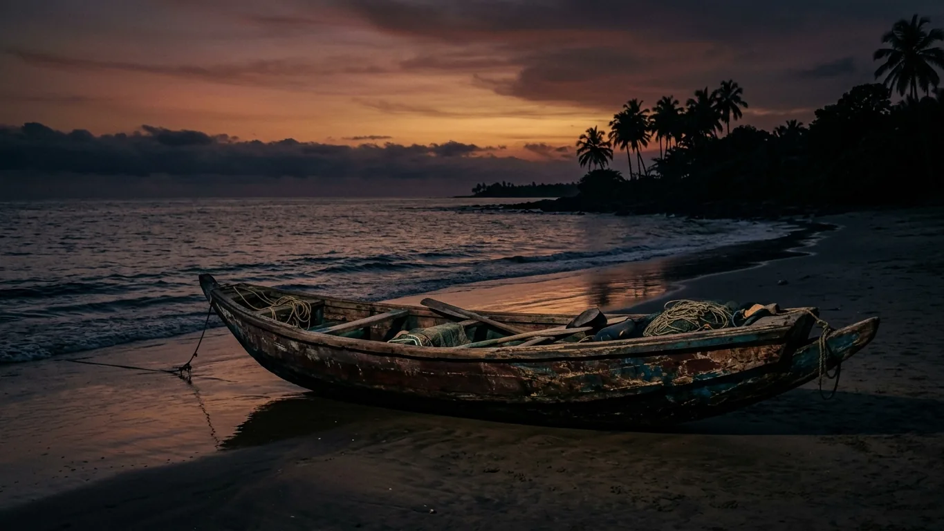 West African coast at dawn with a fishing boat