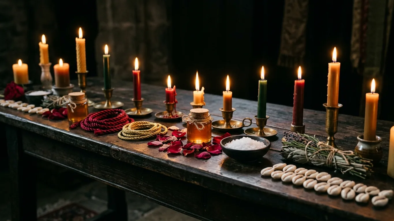 Candlelit altar table with honey jars, cords and cowrie shells