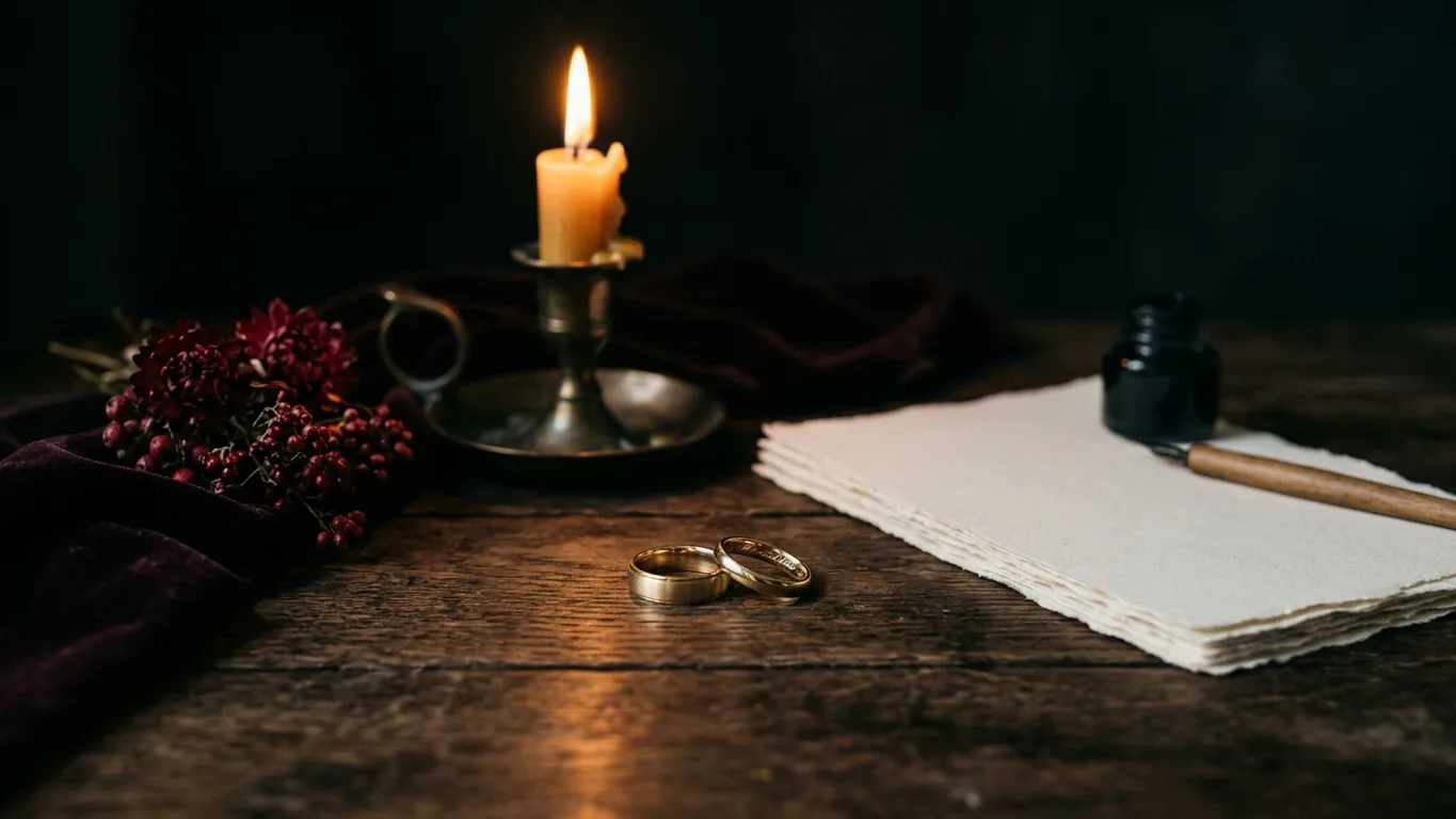 Wedding rings beside papers and a candle