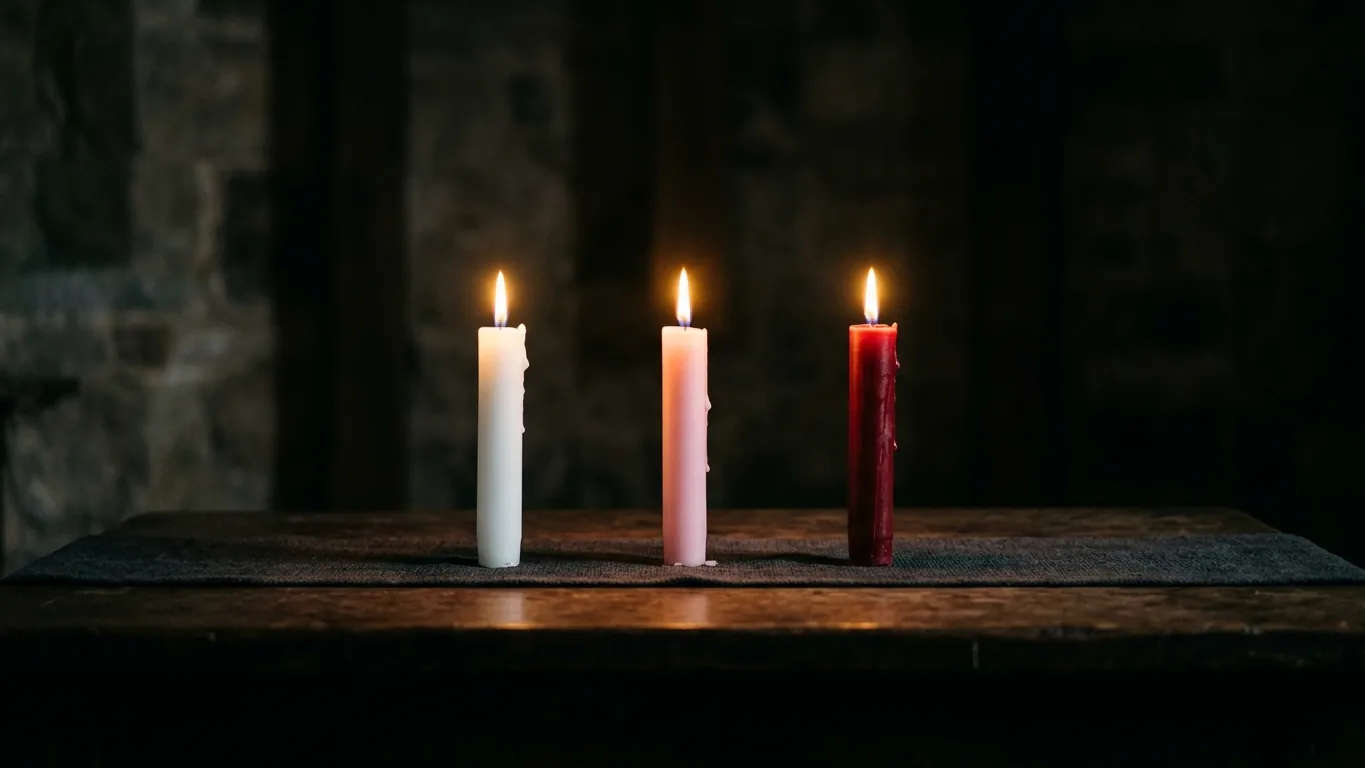 White, pink and red candles lit in a row