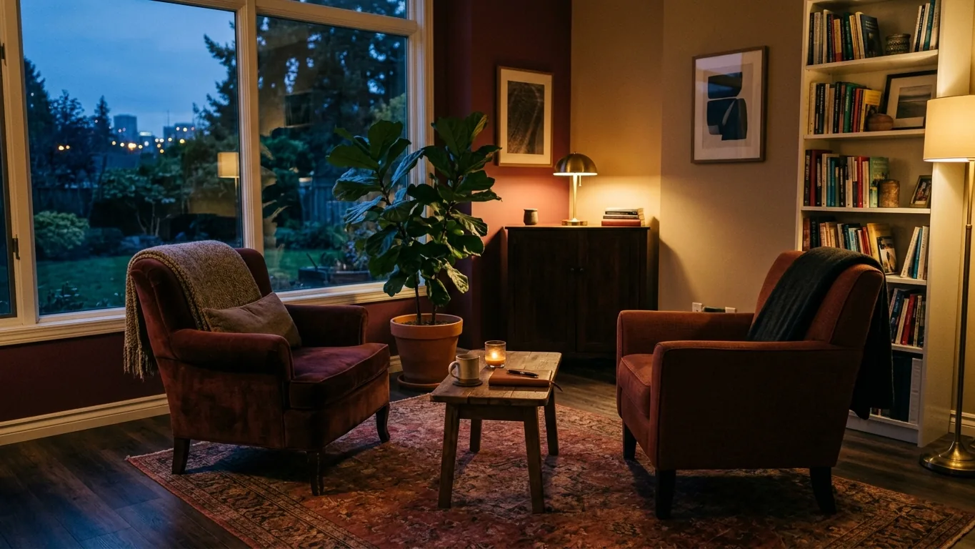 Two armchairs in a counselor’s office