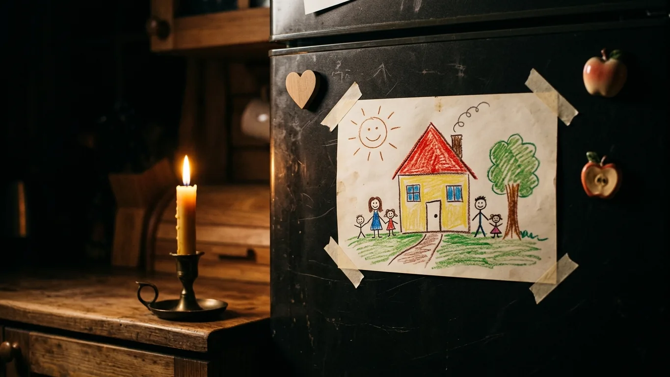 Child’s drawing of a house on a fridge