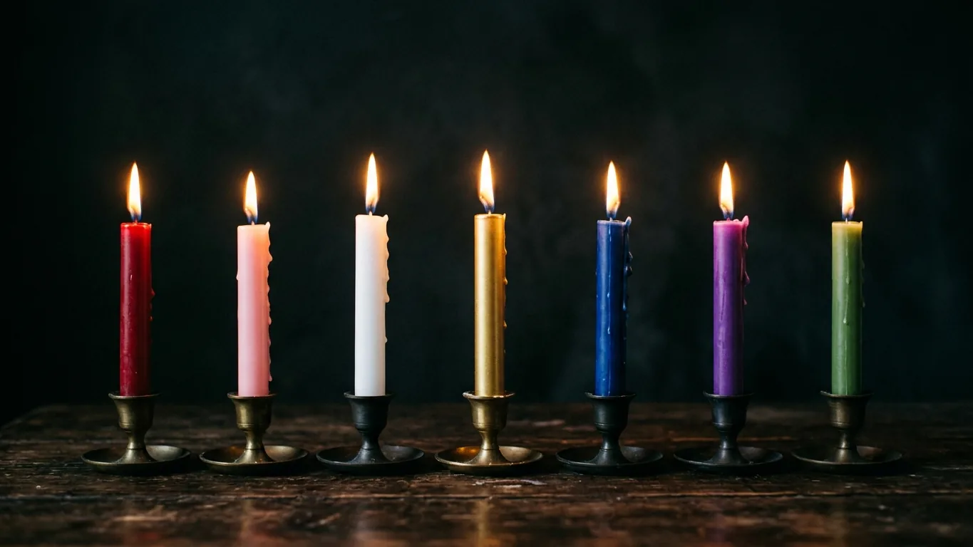 Candles in seven colors burning in a row
