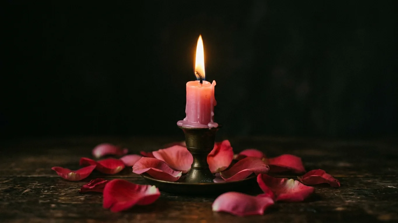 Pink candle with rose petals