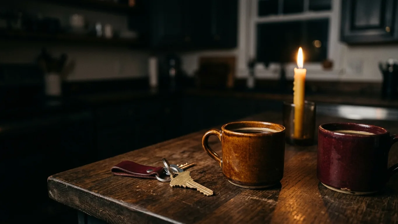 House key beside two mugs