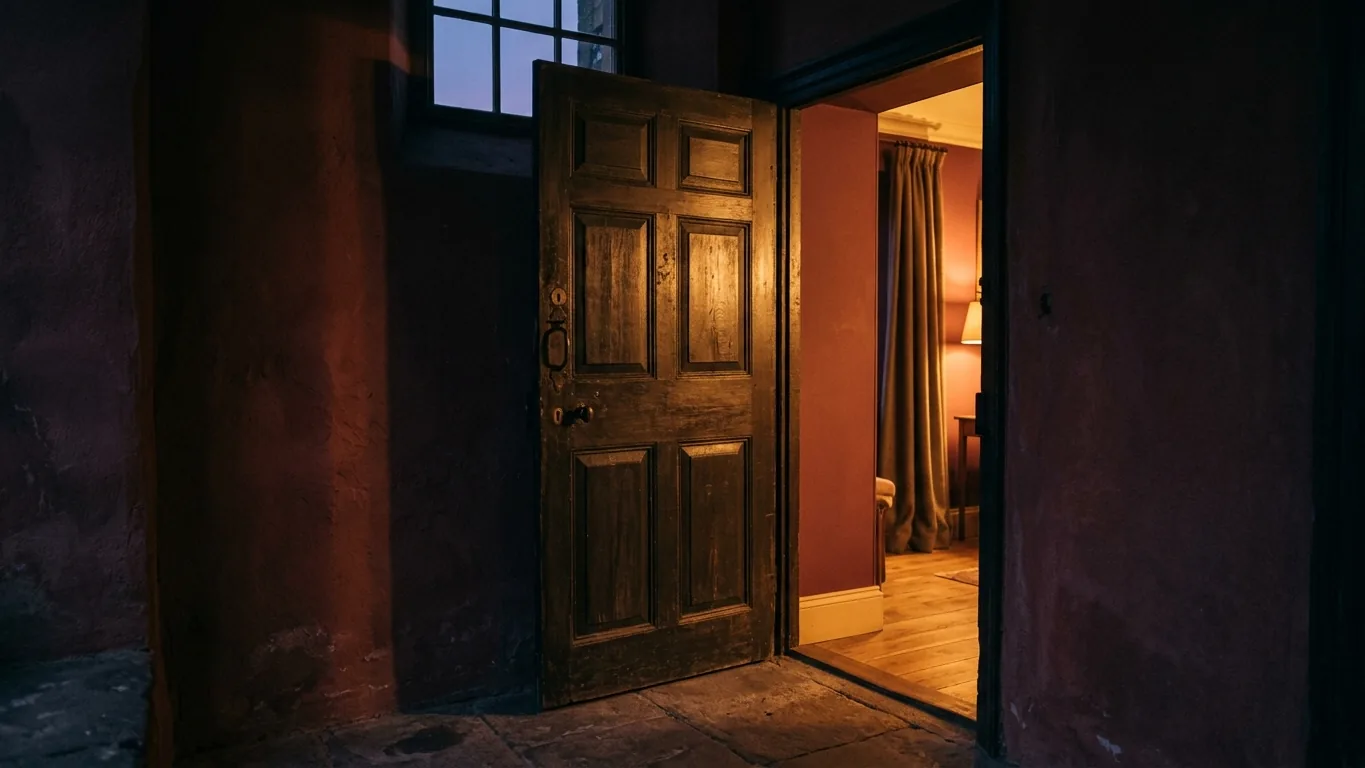 Door slightly ajar with warm light