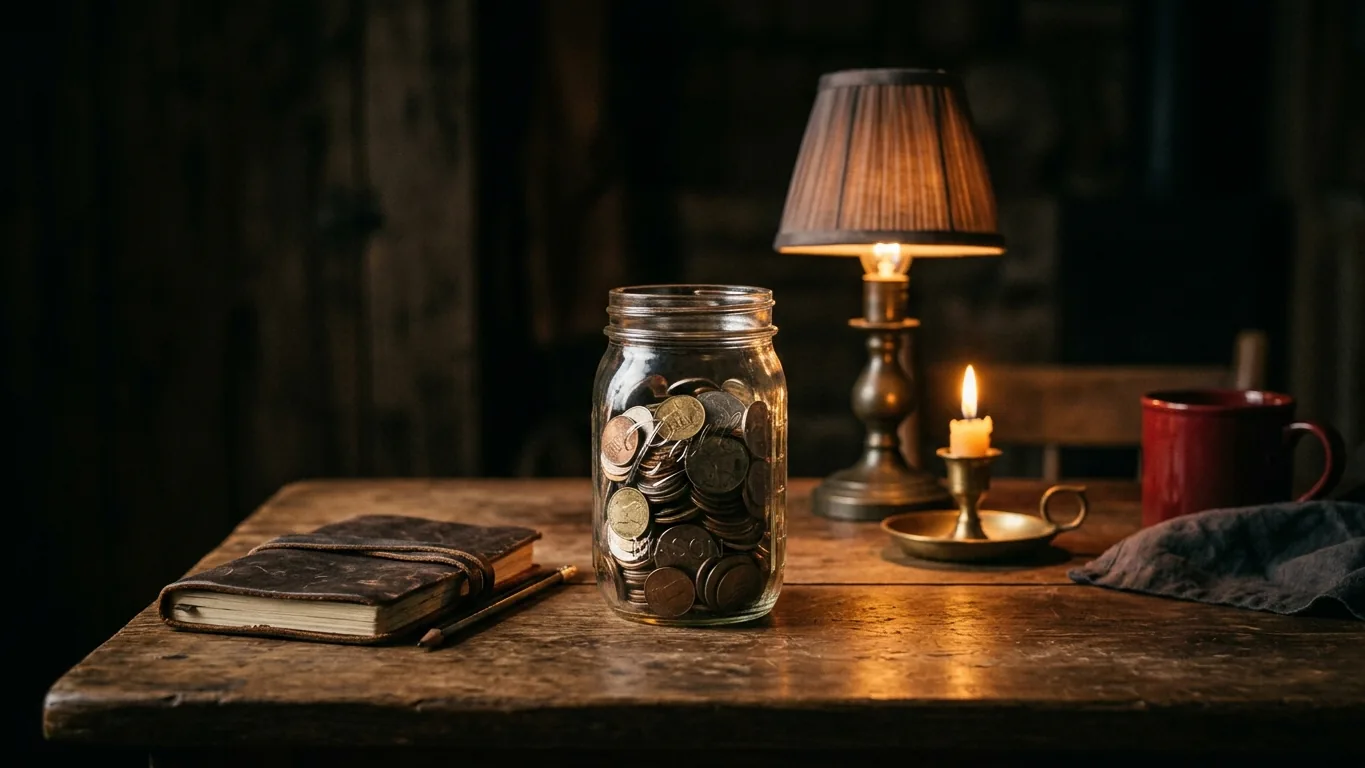 Jar of coins and a notebook
