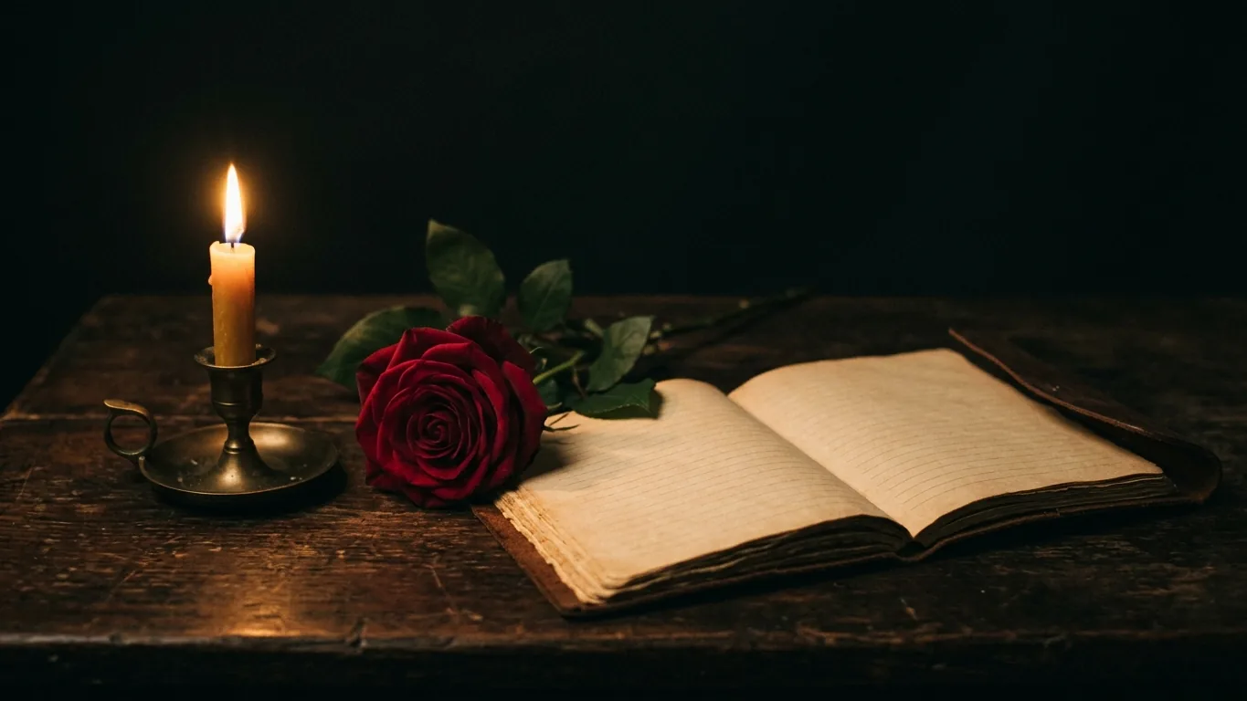Candle, rose and an open notebook