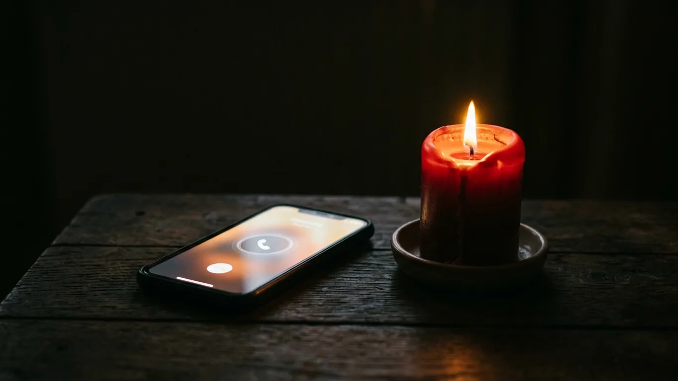 Phone ringing beside a red candle