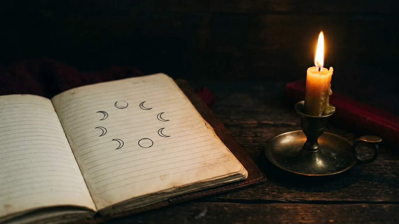 Notebook with moon sketches beside a candle