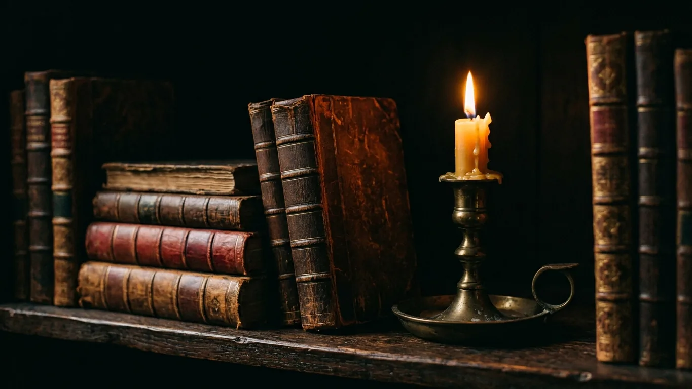 Brass candlestick and old books