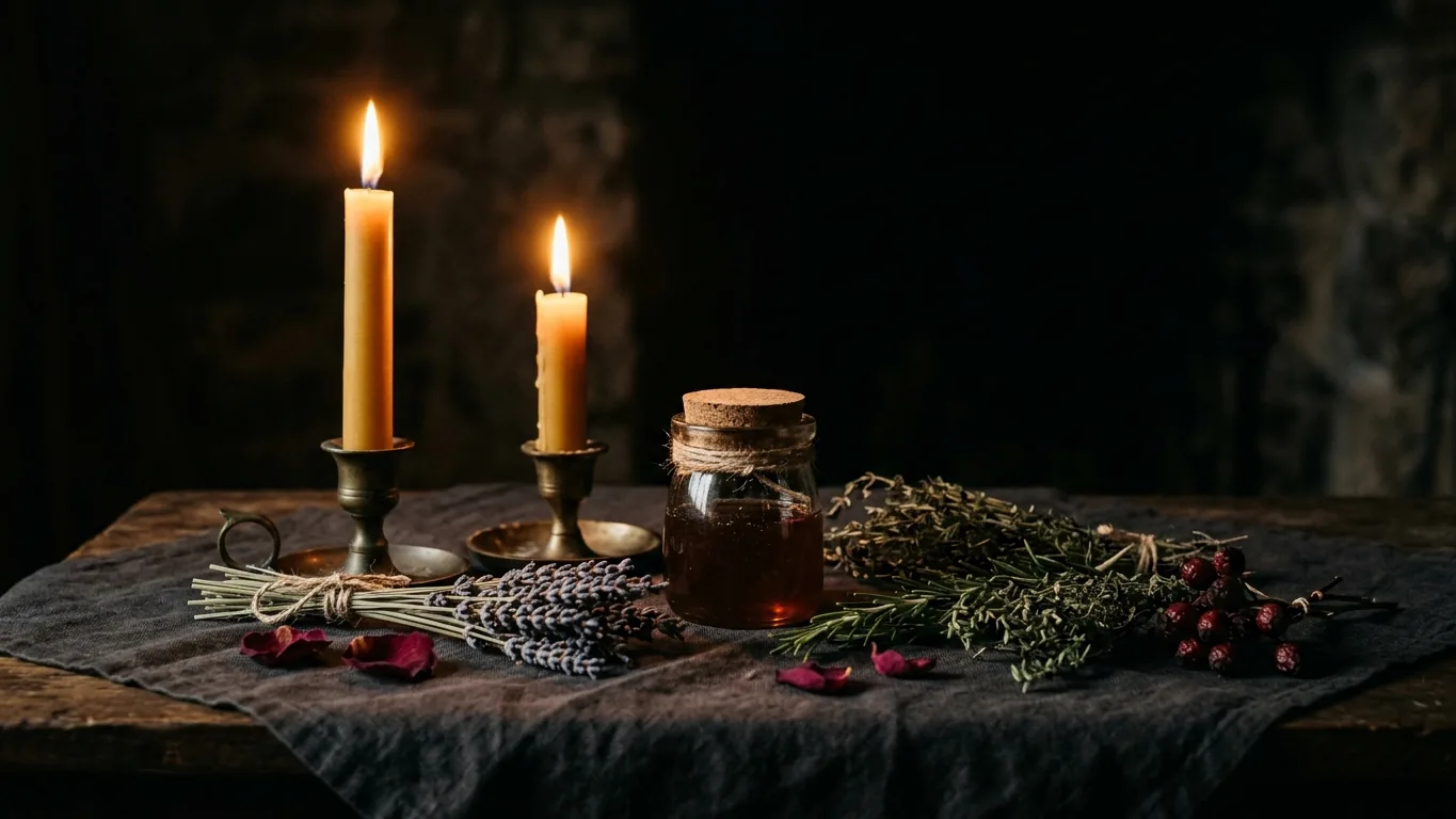 Candles, honey and herbs on plain cloth