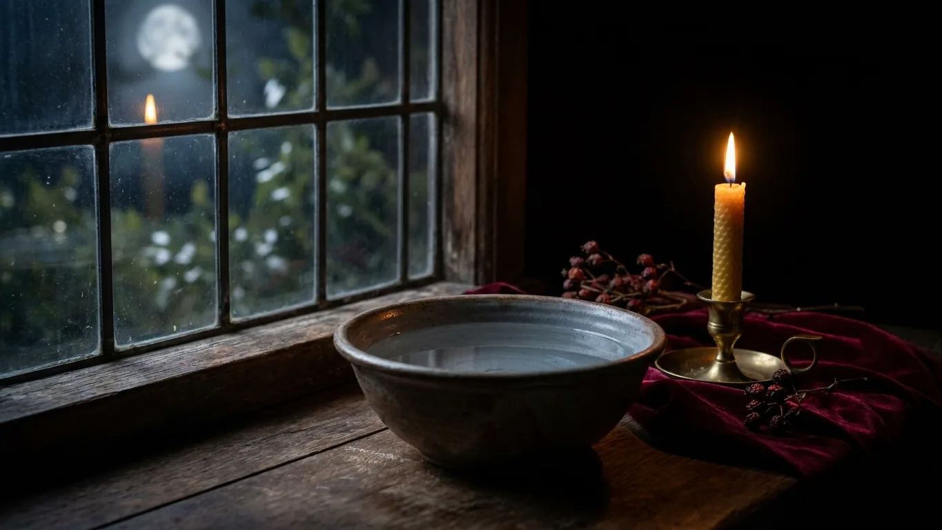 Bowl of water on a moonlit windowsill