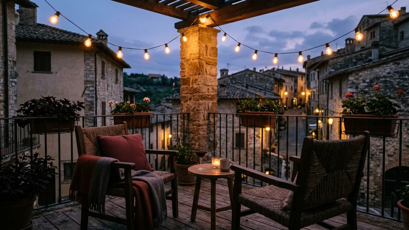 Balcony with chairs under string lights at dusk