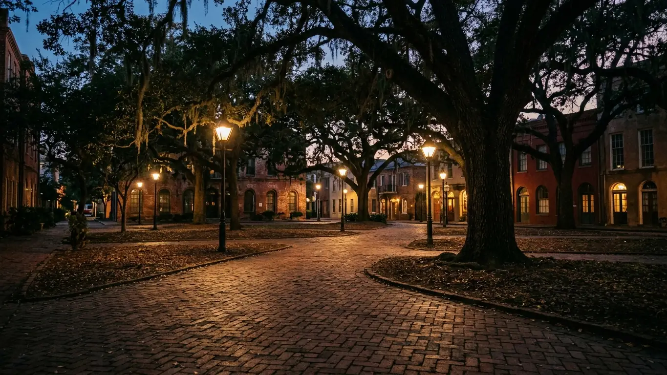 Brick square under live oaks