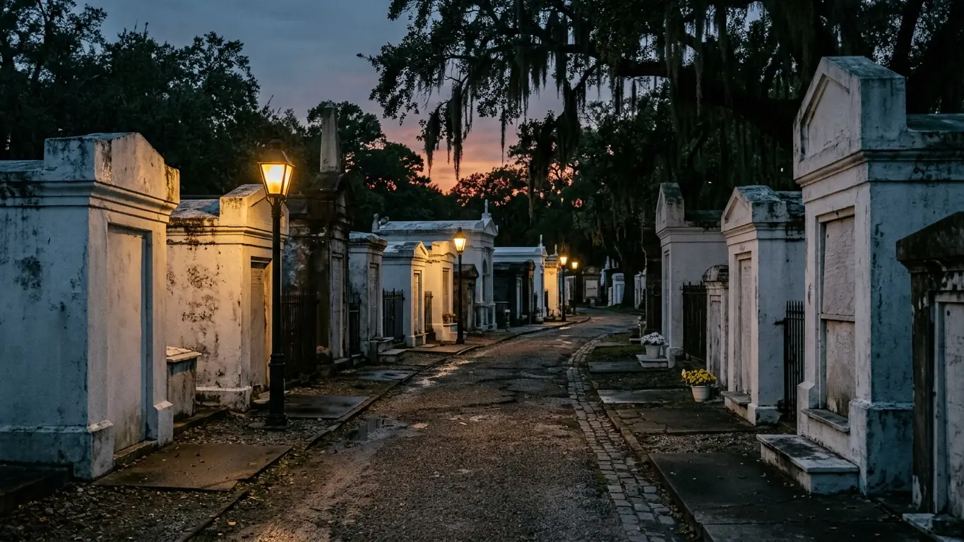 Whitewashed tombs at dusk
