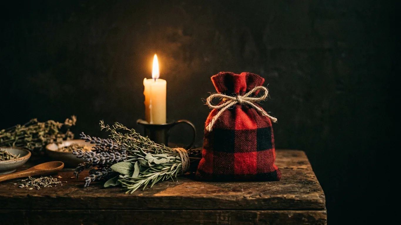 Red flannel bag beside herbs and a candle