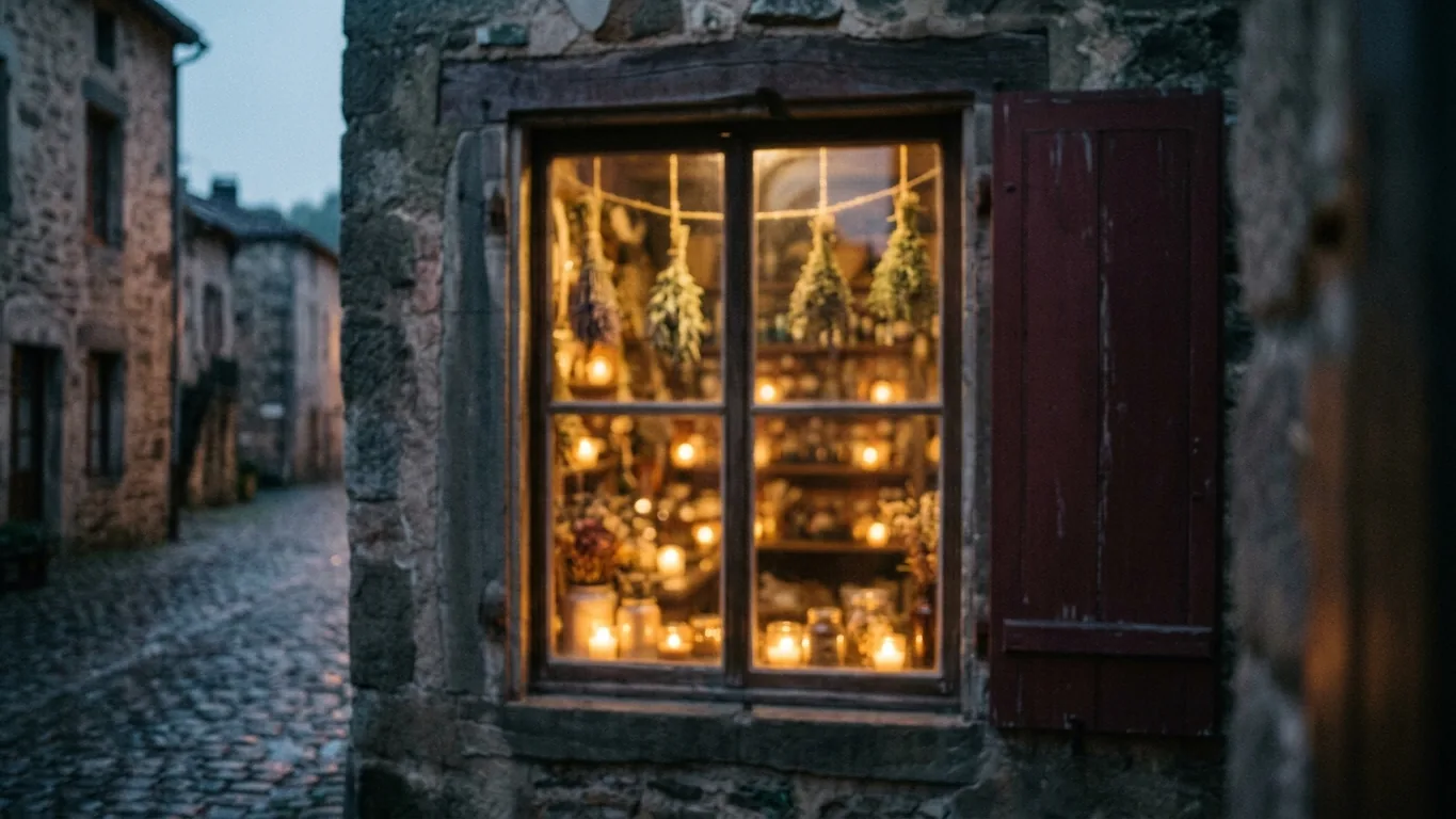 Shop window glowing with candles at night