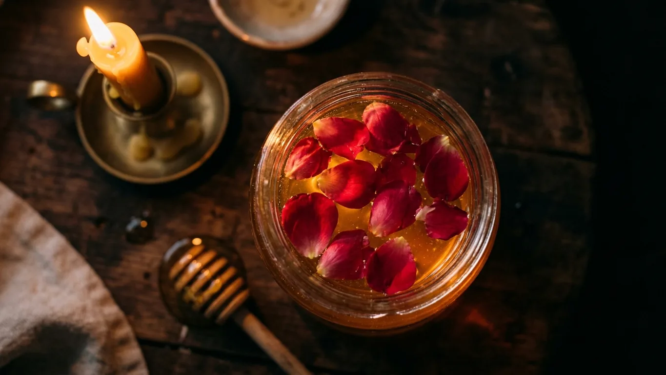 Honey jar with rose petals from above