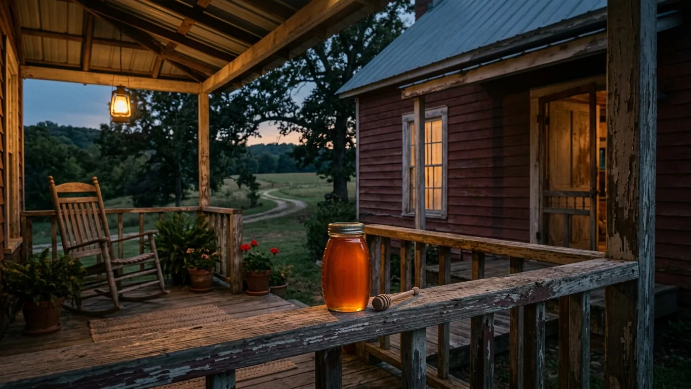 Honey jar on a Southern porch at dusk