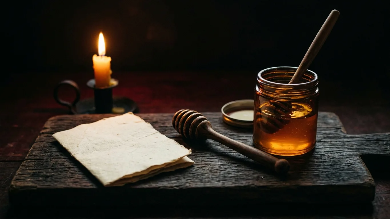 Folded paper, dipper and honey jar in order