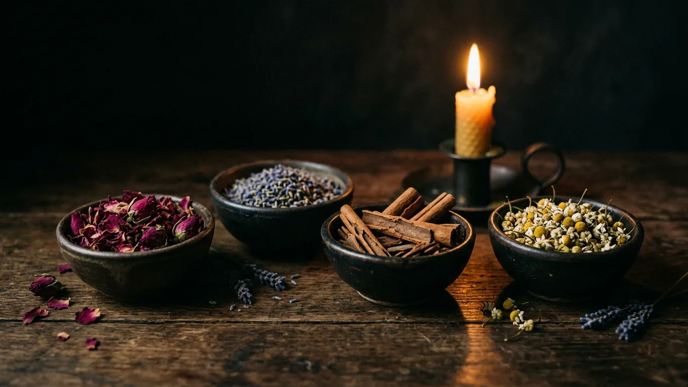 Bowls of rose, lavender, cinnamon and chamomile