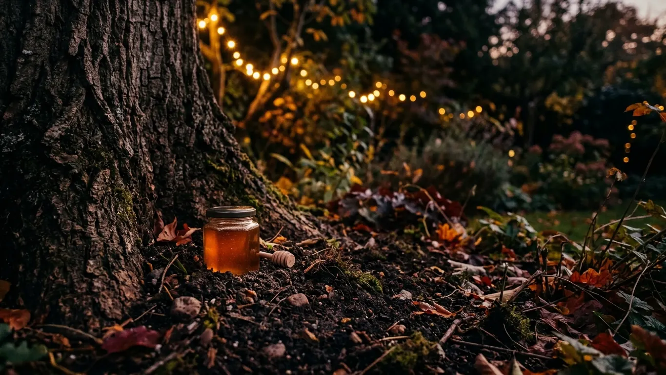 Honey jar set into garden soil