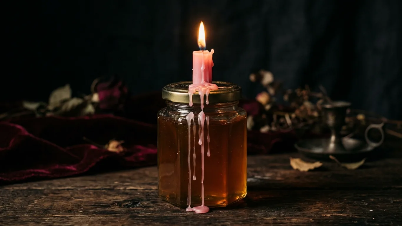 Candle burning on a honey jar