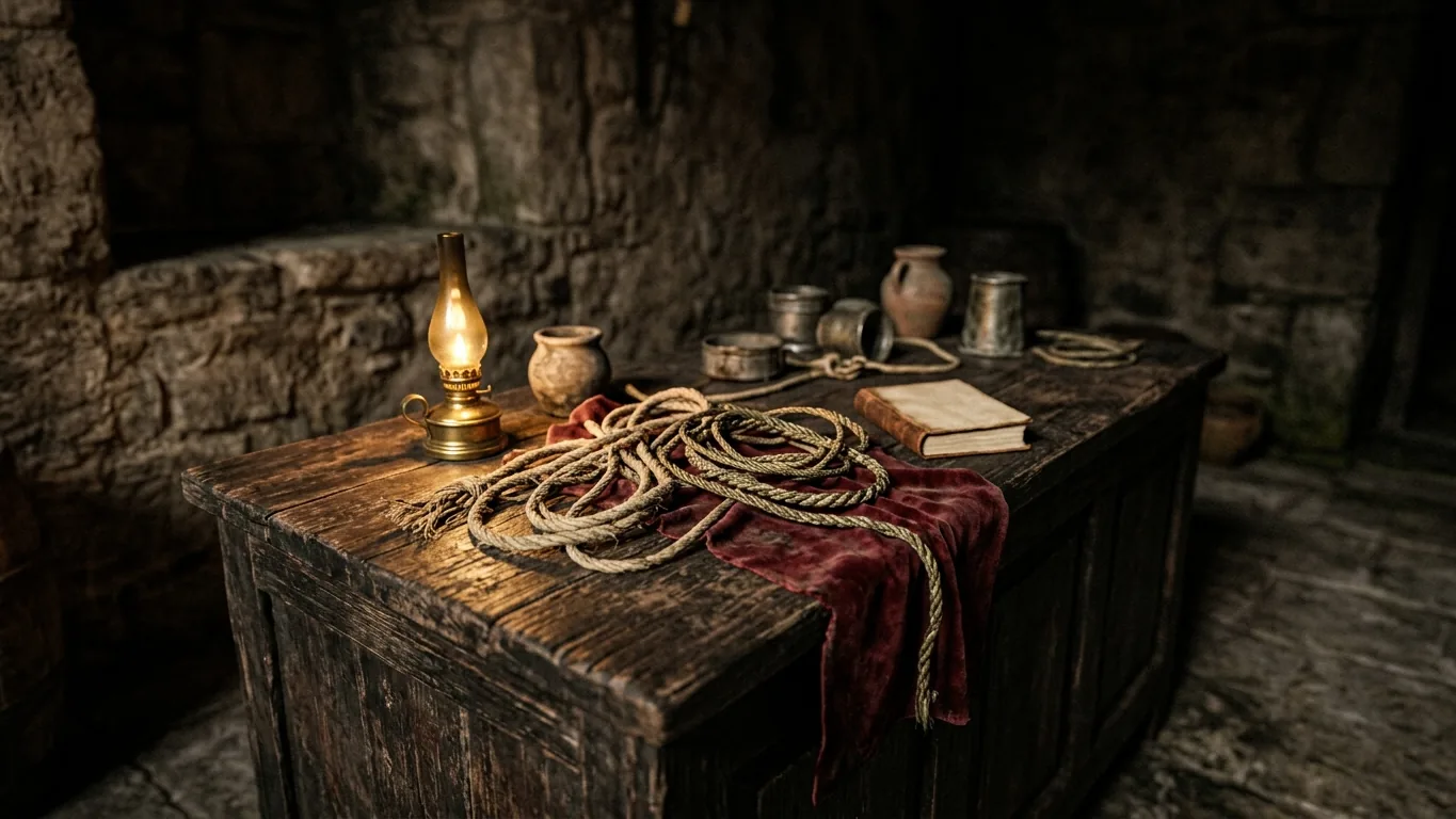 Old cords on a weathered wooden altar
