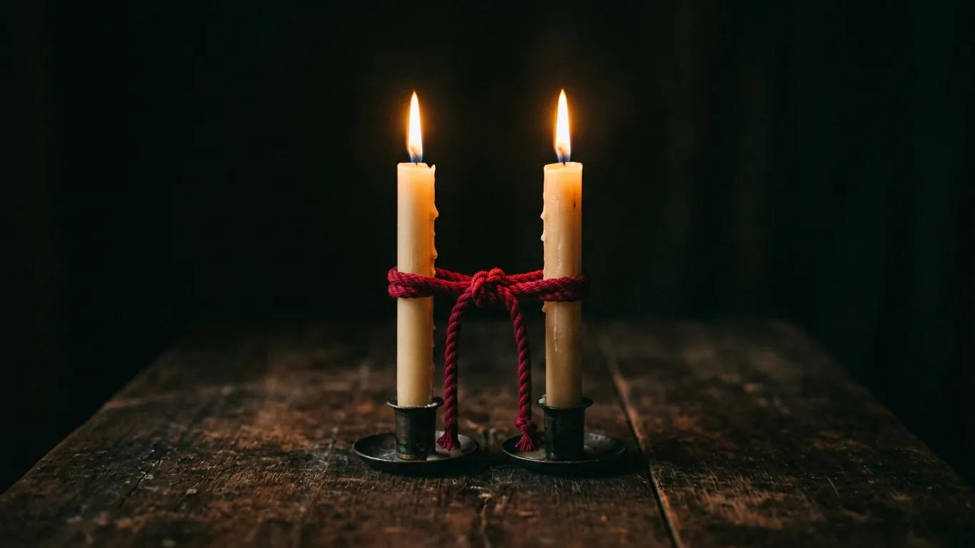 Two candles joined by a red cord